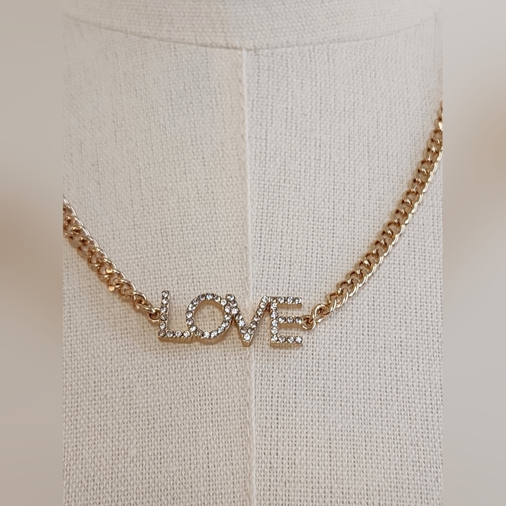 Gold Tone LOVE Pendant Necklace Minimalist Layering Chain - Picture 2 of 6